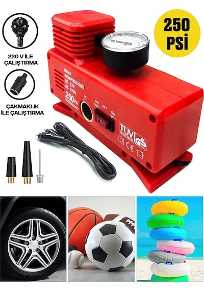 Pro Seri 220 Volt-12 Volt 250 Psi Psi Kompresör Lastik Hava Şişirme Oto Pompası Fişli Çakmaklıklı