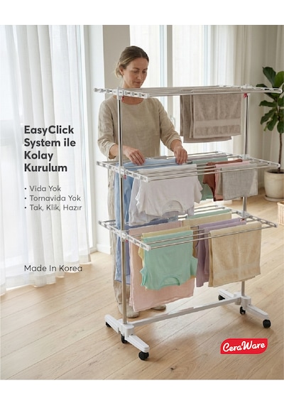 Home Lite Premium 3 Katlı Çamaşırlık Made in Korea Tekerlekli Çamaşır Kurutmalık Eco Gri