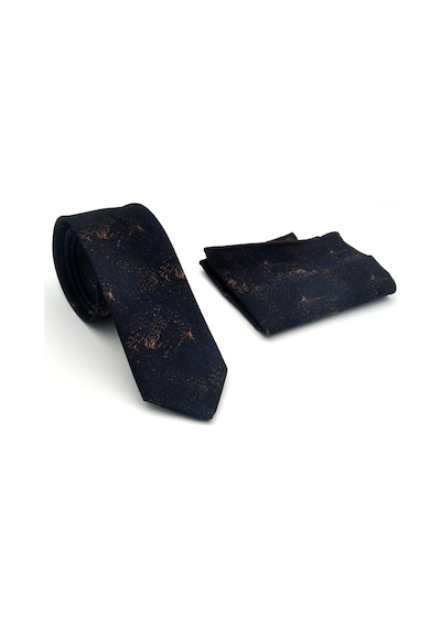 Gaffy Kahverengi Desenli Lacivert Dokuma Kumaş Mendilli Slim Fit Kravat // Sdk-2613-5 Kahverengi
