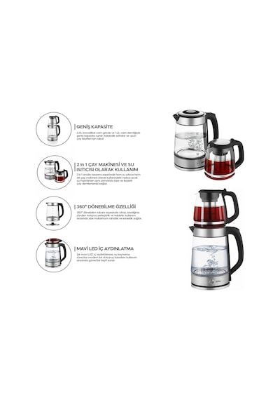 Sinbo 2'si 1 Arada Çaycı - Kettle - 2.0l + 1.2l Kapasite - Cam Gövde Renkli