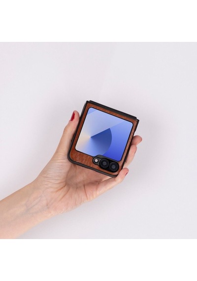 Samsung Galaxy Z Flip6 Uyumlu, Hakiki Deri, El Yapımı Arka Kapak Gölgeli Taba