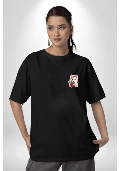 Beyaz Highland Teriyeri Kırmızı Gül Siyah Oversize Unisex Ön Sol Yan Minimal Baskılı Tişört Koyu Siyah