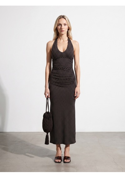 DİLVİN 91698 Lyocell Halter Yaka Midi Elbise-koyu Kahve