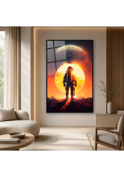 Güneş Önünde Yürüyen Astronot Siyah Çerçeveli Cam Tablo