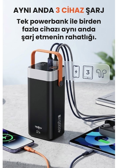 40.000 Mah Hızlı Şarj Powerbank Kamp Işığı Güçlü El Feneri Kablolu Göstergeli Taşınabilir Batarya Siyah