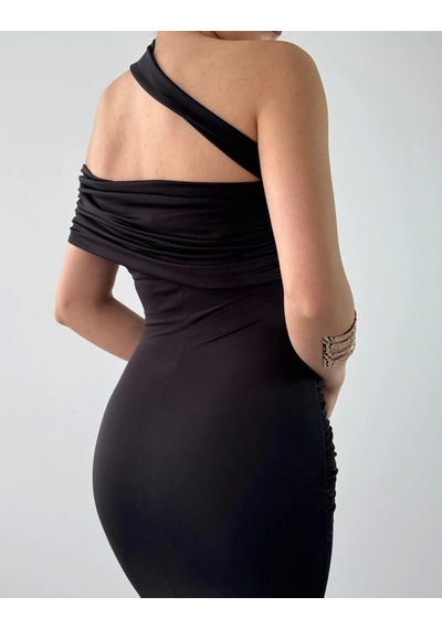 Defymoda Reta Çapraz Omuz Elbise Siyah