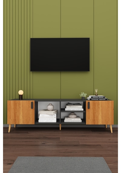 Asra Trend Tv Ünitesi T-13 %100 MDF 180 cm Tv Sehpası Dolaplı Raflı Petra-Koyu Gri