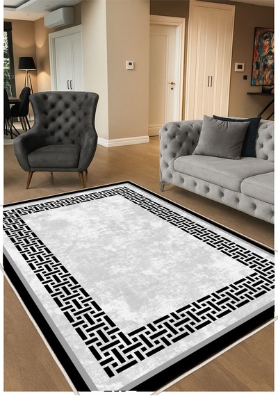 STY Home Siyah Dijital Baskı Salon Halısı Kaymaz Tabanlı Yıkanabilir Halı Yolluk 508 Siyah