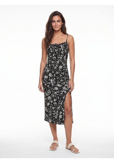 Onloox Kadın Siyah Siyah Örme Kumaş Standart Kol Bodycon Form Çiçek Desenli Yırtmaç Detaylı Midi Elbise