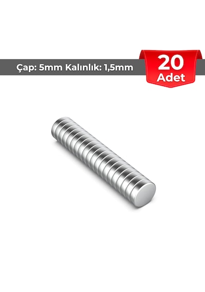20 Adet Neodyum Mıknatıs Çap 5 Mm Kalınlık 1,5 Mm D5x1,5 Mm - N134
