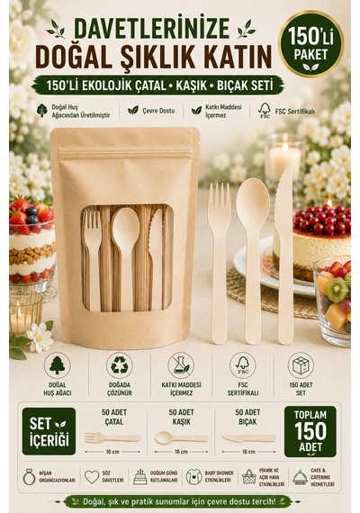 150'li Ekolojik Tahta Çatal Kaşık Bıçak Seti 16 Cm Kullan At Davet Parti Organizasyon Seti