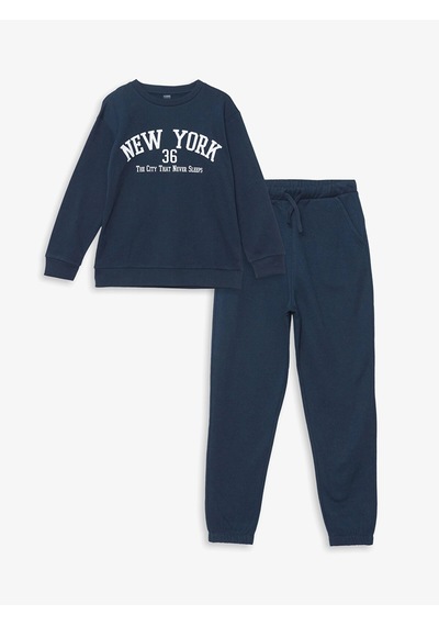 LC Waikiki Lcw Kids Lacivert Bisiklet Yaka Baskılı Erkek Çocuk Eşofman Takım New Navy