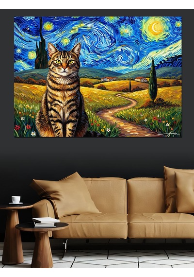 Van Gogh Tarzı Yıldızlı Gece Kedisi Dekoratif Kanvas - Mdf Ahşap Tablo