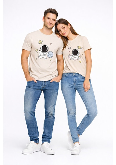 Sevgili Kombini Astronot Baskılı Çift Tişört Oversize Unisex Partner Tişört 2 Li Set Bej