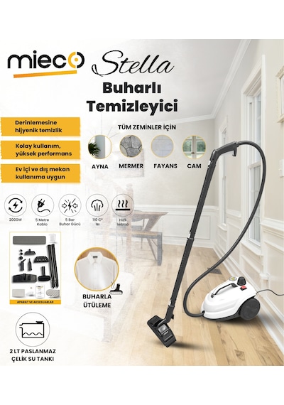 Mieco Stella 2000W Çok Fonksiyonlu Buharlı Temizleyici - Buharlı Temizlik Makinesi +Ütü Başlığı