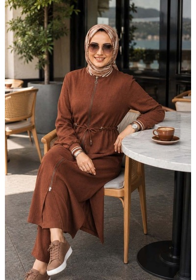 Hb Harma Time Butik Kadın Ribanalı Fermuarlı Kahverengi Keten Tunik Pantolon İkili Takım Acı Kahve Acı Kahve