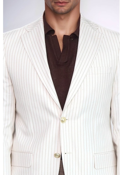 Ekru Çizgili Keten Dokulu Gold Renk Metal Düğmeli Slim Fit Erkek Blazer Ceket Wessi Beige