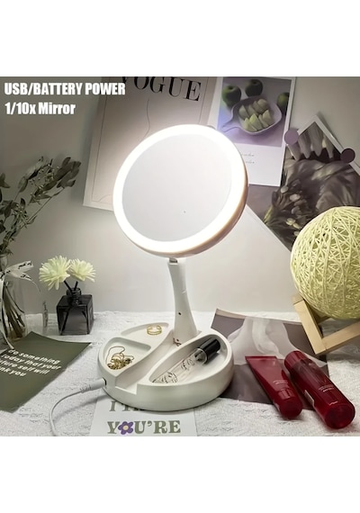 Monozone 10x Katlanabilir Çift Taraflı Usb Vanity Led Işıklı Makyaj Aynası Beyaz