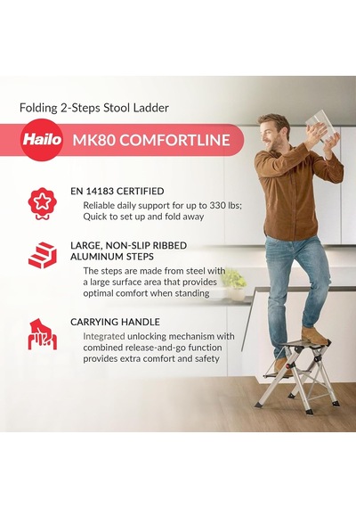 Hailo Mk80 Comfortline Alüminyum Katlanır Merdiven - 150 Kg'a Kadar 2 Büyük Basamak - Entegre Kilit Açma Fonksiyonl Genel
