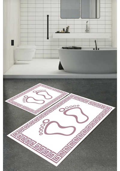 Dijital Baskılı Yıkanabilir Ayak İzi Desenli Kaymaz Taban 2'li Banyo Paspas Seti Renkli