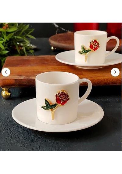 Regna Home Fine Living Gül Işlemeli 4 Parça 2 Kişilik Porselen Kahve Fincan Takımı Beyaz