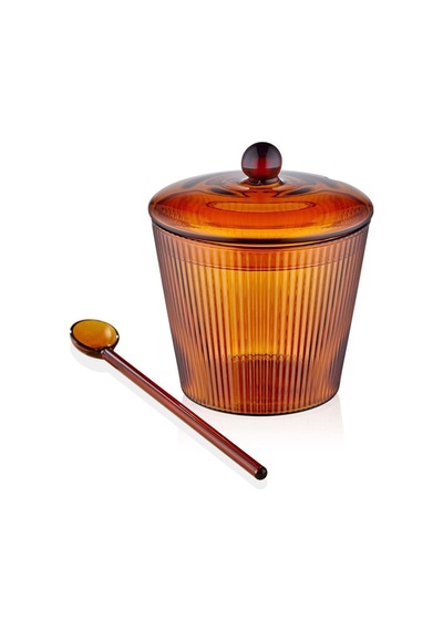 The Mia Striped Cam Kaşıklı Şekerlik Amber 10x12 Cm Cam0436