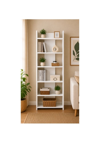 5 Raflı Modern Beyaz Kitaplık Çok Amaçlı Dekoratif Raf Ünitesi 160x64x29,5 Cm Beyaz Beyaz