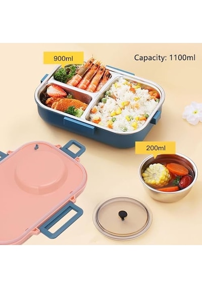 Beslenme Kutusu Paslanmaz Çelik - 1100 Ml Sos Yoğurt Kaseli Yeni Nesil Lunch Box Mavi Bakır