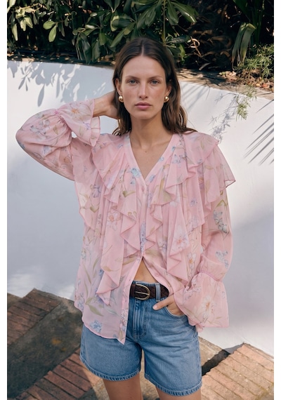 Sateen Fırfır Detaylı Desenli Gömlek - Pembe-137787