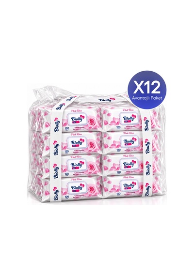 Biolly Pink Rose Islak Mendil 120 Yaprak 12'li Paket 12'li Set