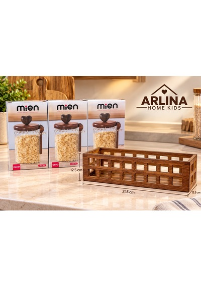 3 Lü 760 Ml Cam Kavanoz & Akasya Stand Seti Cam - Şeffaf