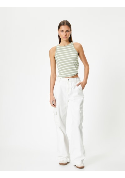 Koton Kısa Atlet Bisiklet Yaka Slim Fit Haki Çizgili 4sal30064ık
