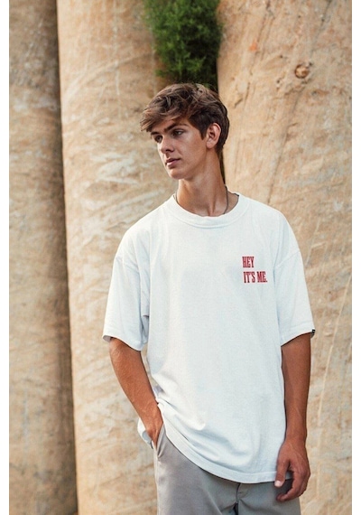 Barlashive Erkek Baskılı T-shirt Kısa Kol Bisiklet Yaka Regular Fit Rahat Kalıp Tişört - Beyaz Çok Renkli