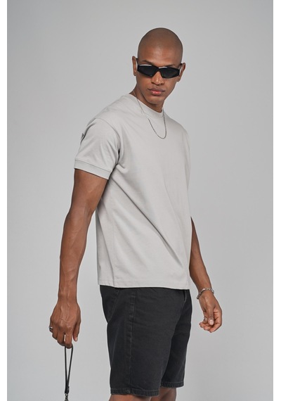 King Brich Slim Fit Kalıp Kolu Ribanalı Basic %100 Pamuklu Tişört Gri