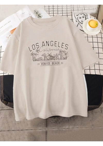 Altamira Unisex Bej Los Angeles Baskılı Oversize T-shirt 001