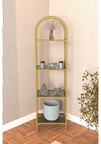 Mona Gold Köşe Kitaplık Dekoratif Aksesuar Rafı Mutfak Rafı 40cm Füme Camlı