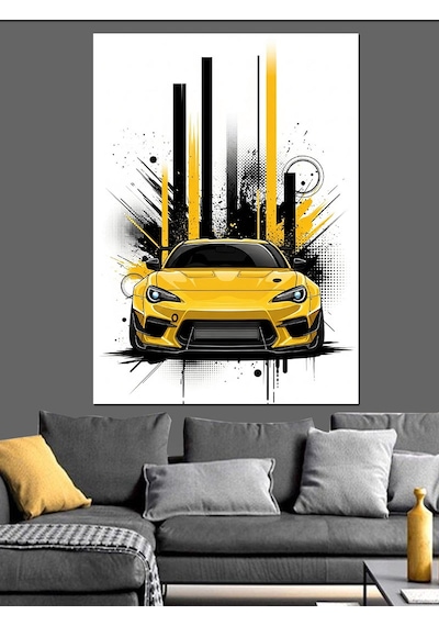 Ahşap Tablo Sarı Spor Araba Graffiti Sanatı