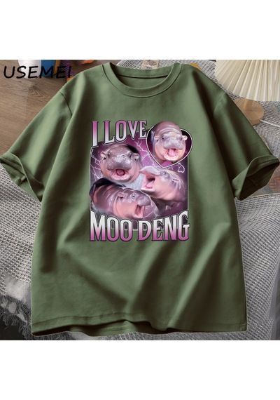 Flood Of Style Ben Aşk Moo Deng T Shirt Kadın Erkek Komik Moo Deng Fan Kulübü Hippo Sevgilisi T-shirt Pamuk Yeşil