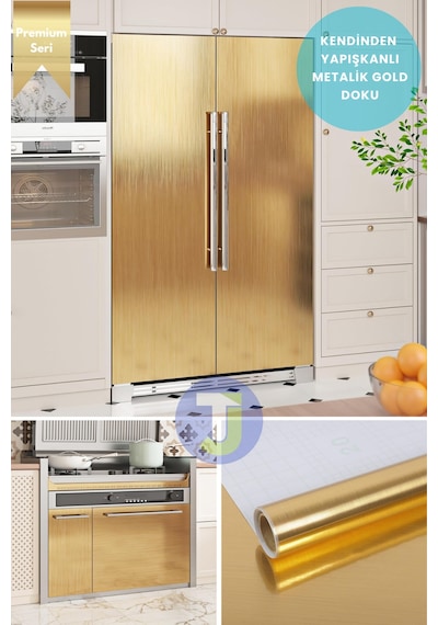 Technojet Kendinden Yapışkanlı Metalik Folyo Mutfak Banyo Tezgah Duvar Dolap Masa Kaplama 60cmx100cm Gold