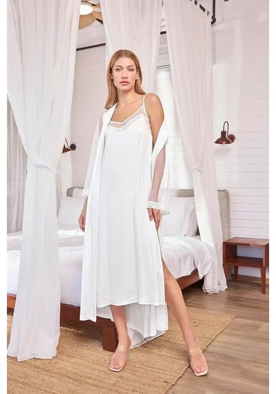 Ang Butik Kadın Dantelli Tüllü Ve Dekolteli Saten Sabahlık Takımı BEYAZ