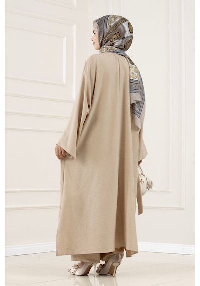 Sevitli Düğmeli Davin Abaya İkili Takım-bej-5875