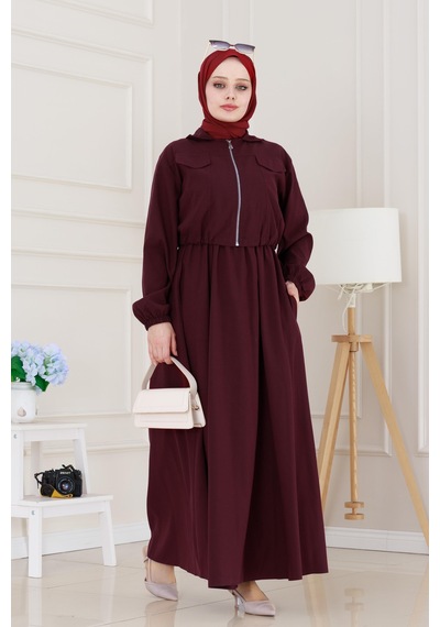 Sevitli Fermuarlı Cepkenli Jile Elbise-bordo-5121