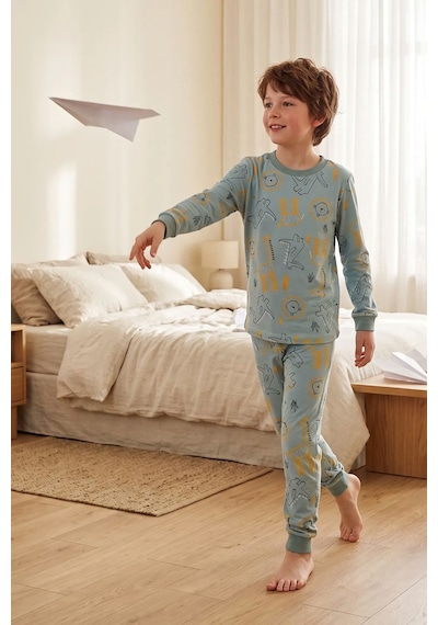 Zuzunga Erkek Çocuk Dinozor Ve Safari Hayvanları Desenli Uzun Kollu Alt Üst Pijama Takımı Açık Yeşil Zuzunga Erkek Çocuk Dinozor Ve Safari Hayvanları Desenli Uzun Kollu Alt Üst Pijama Takımı Açık Yeşil