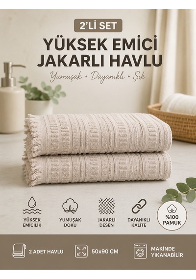 2'li Yüz Havlusu Seti 50x90 Cm Pamuklu El Havlusu Püsküllü Yumuşak Dokulu Yüksek Emici Günlük Kullanım Bej