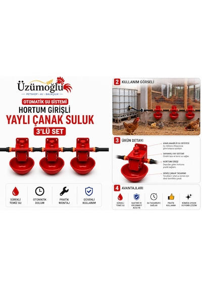 3 Adet Hortum Girişli Yaylı Çanak Suluk Otomatik Tavuk Civciv Suluk Sistemi