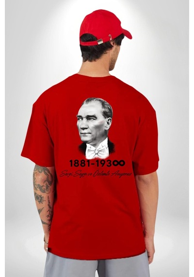 Atatürk 10 Kasım Anma Kırmızı Oversize Unisex Ön Ve Sırt Baskılı Tişört Kırmızı