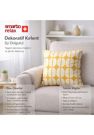 Smarto Relax Içi Dolgulu Kırlent 45x45 Cm Kare Salon & Berjer Kırlenti - Smr-kır-005 Beyaz - Sarı