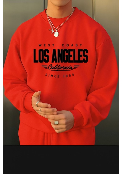 Benroma 3 İplik Penye Los Angeles Baskılı Unisex Sweatshırt Kırmızı
