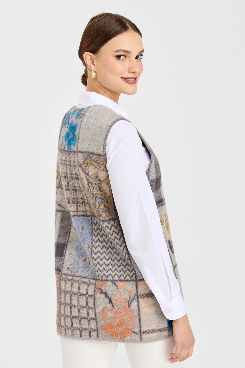 Desen Triko Kadın V Yaka Patchwork Yelek K.gri K.GRİ