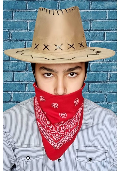 Uniquetrenders Çocuk Unisex Bandanalı Nubuk Kovboy Şapkası 8-14 Yaş Koyu Bej 2